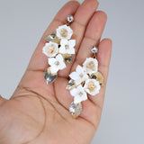 Ceramic White Flower Crystal And Gold Leaves Earrings, Long Bridal Jewelry, Flower Bridal Earrings, Statement Earrings