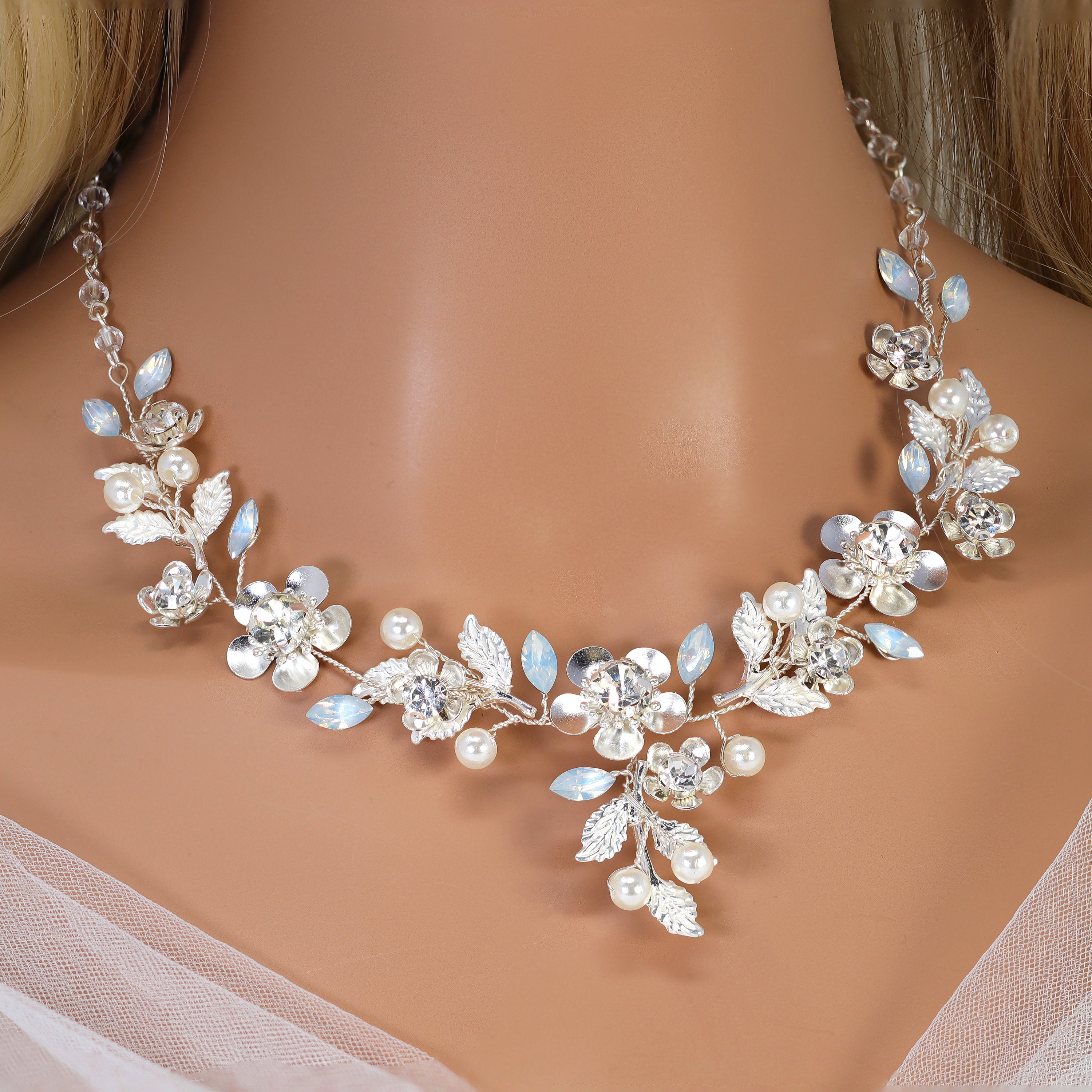 Something Blue Opal Floral Necklace set , Long Bridal Jewelry Crystal Flower Necklace Bridal Earrings Statement Earrings