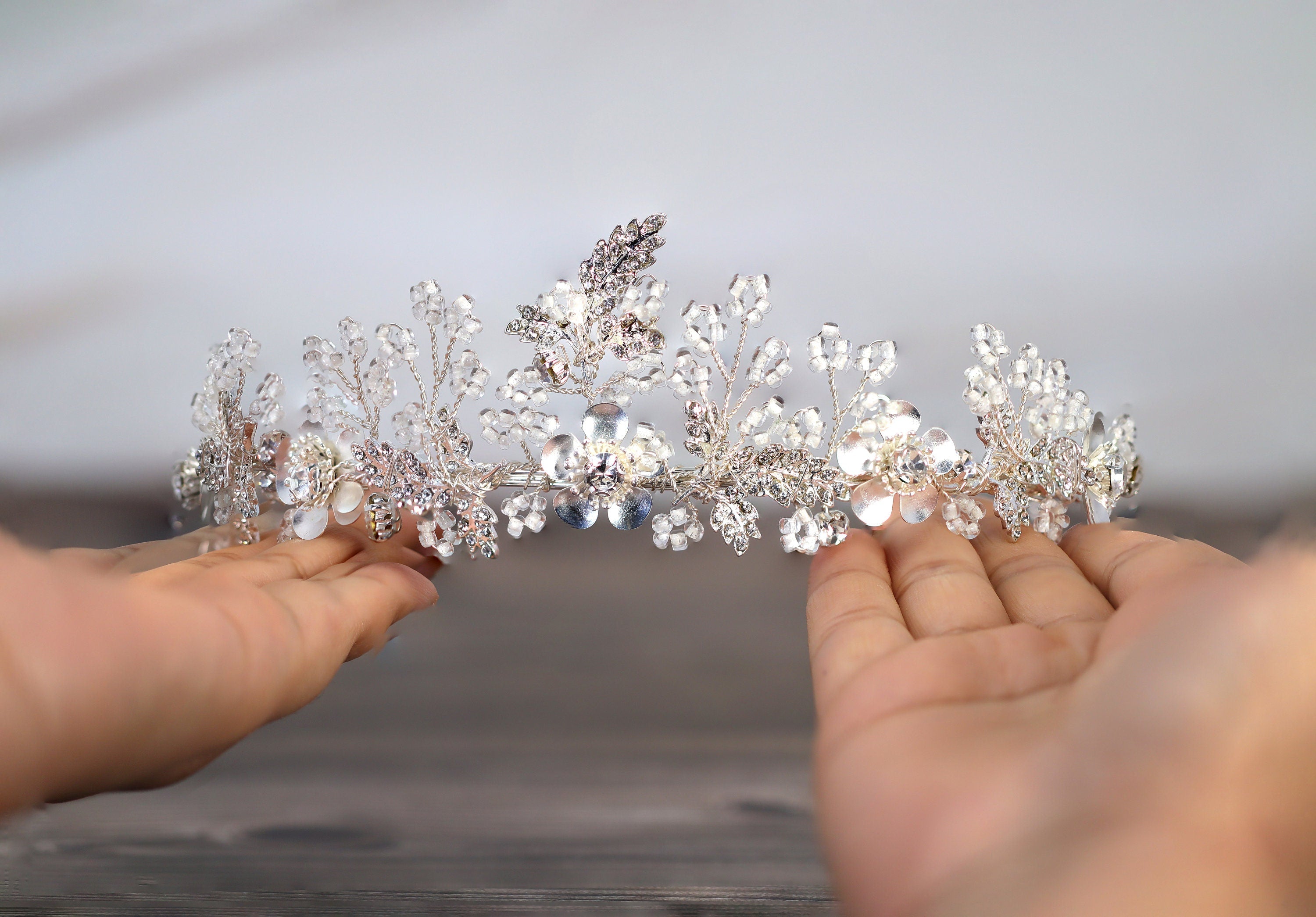 Swarovski Crystal Silver Floral Garden Of Heaven Tiara , Long Bridal Jewelry Crystal Flower Tiara Bridal Earrings Statement Earrings