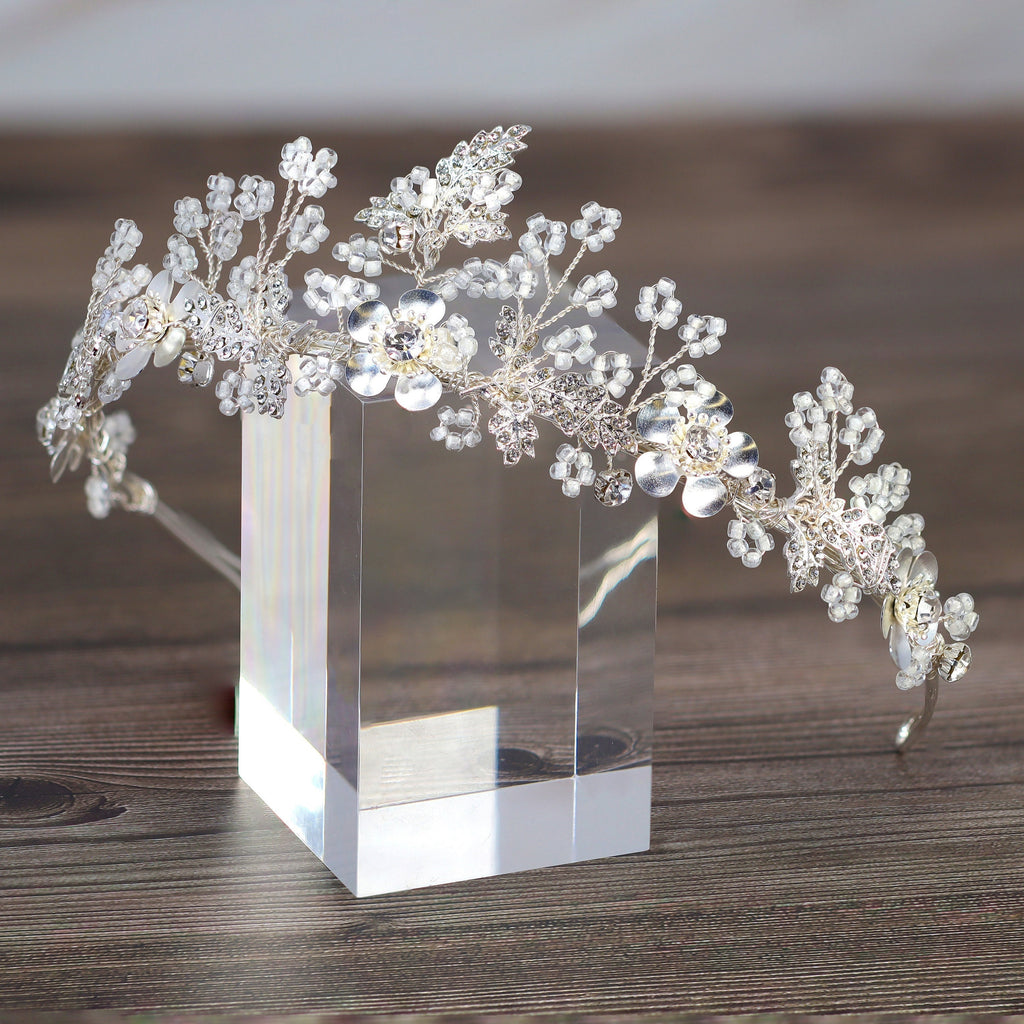 Swarovski Crystal Silver Floral Garden Of Heaven Tiara , Long Bridal Jewelry Crystal Flower Tiara Bridal Earrings Statement Earrings