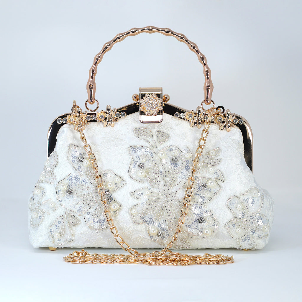 White Silver Embroidered Floral Pearl Wedding Bag, Statement Bag, Evening Clutch, Wedding Clutch, Bridal Clutch, White Cross Body Bag