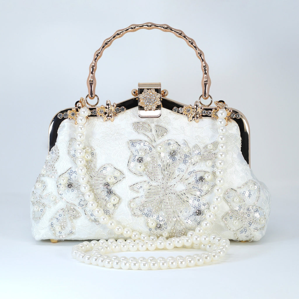 White Silver Embroidered Floral Pearl Wedding Bag, Statement Bag, Evening Clutch, Wedding Clutch, Bridal Clutch, White Cross Body Bag