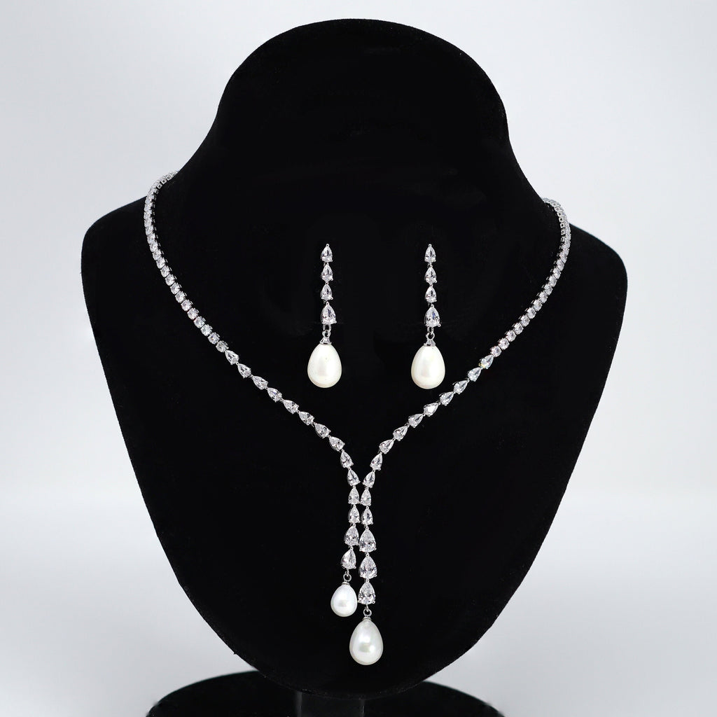 Elegant 2 Pearl Drops V Necklace Set, Dainty Bridal Jewelry Set, Gift For Her, Bridesmaid, Minimalist CZ Jewelry