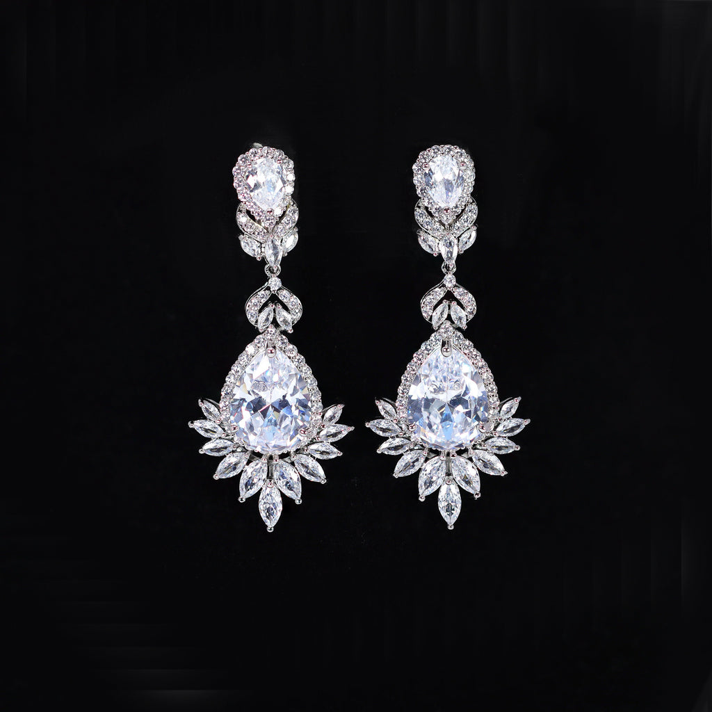 Cascade Droplets On Leaves : Swarovski Crystal Bridal Clip On Drop Earrings with Diamond Details, Bridal Earrings, Statement Earrings Cz