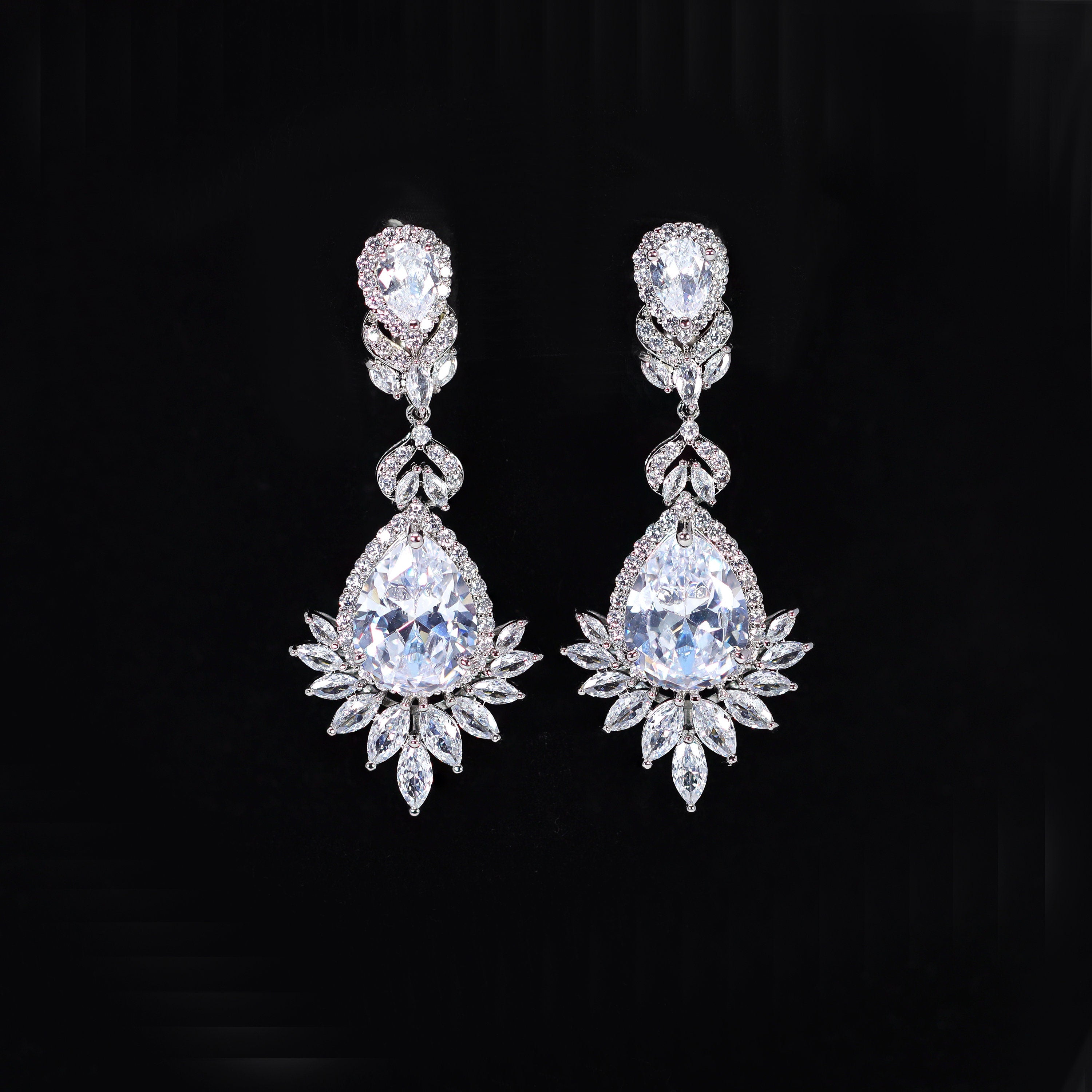 Cascade Droplets On Leaves : Swarovski Crystal Bridal Clip On Drop Earrings with Diamond Details, Bridal Earrings, Statement Earrings Cz