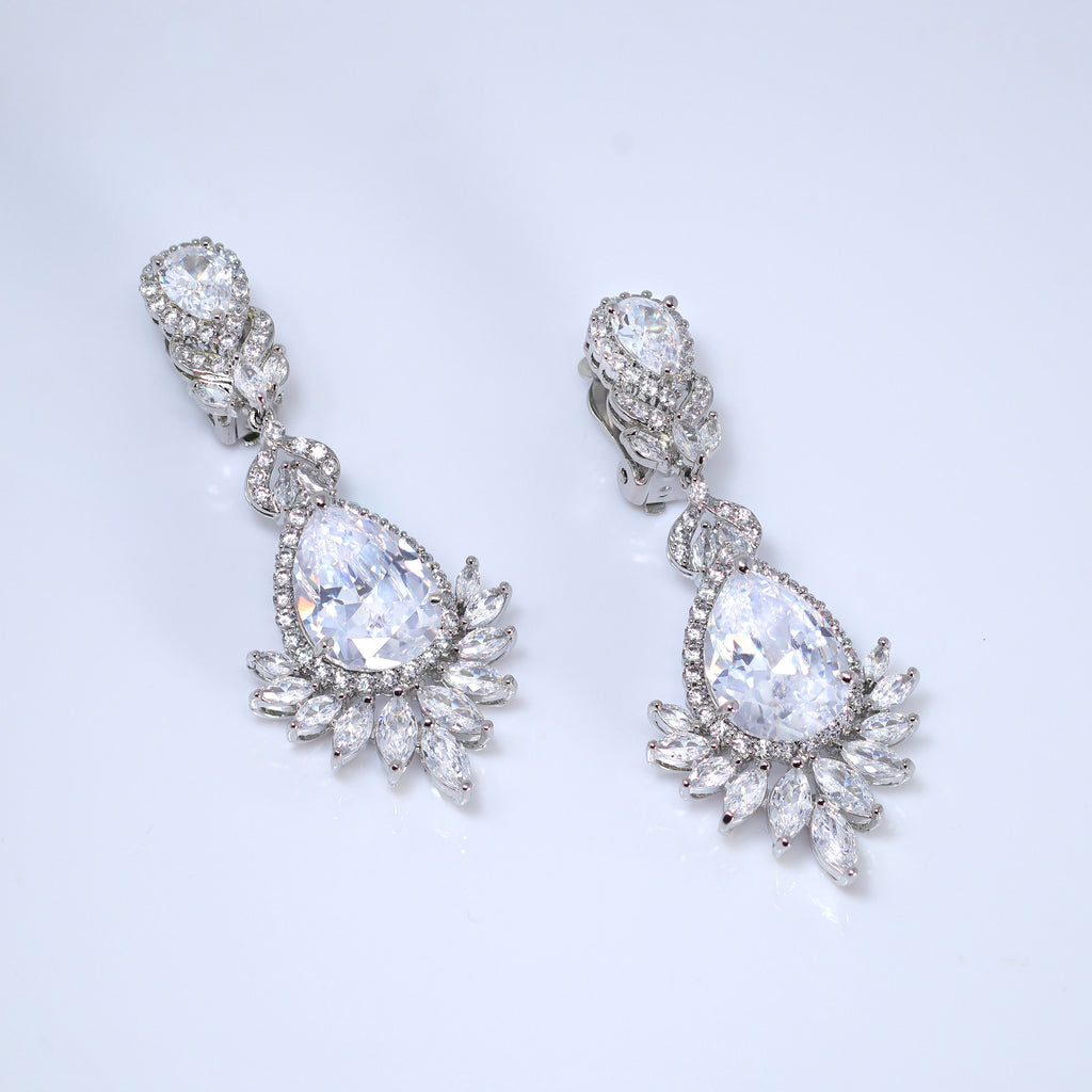 Cascade Droplets On Leaves : Swarovski Crystal Bridal Clip On Drop Earrings with Diamond Details, Bridal Earrings, Statement Earrings Cz