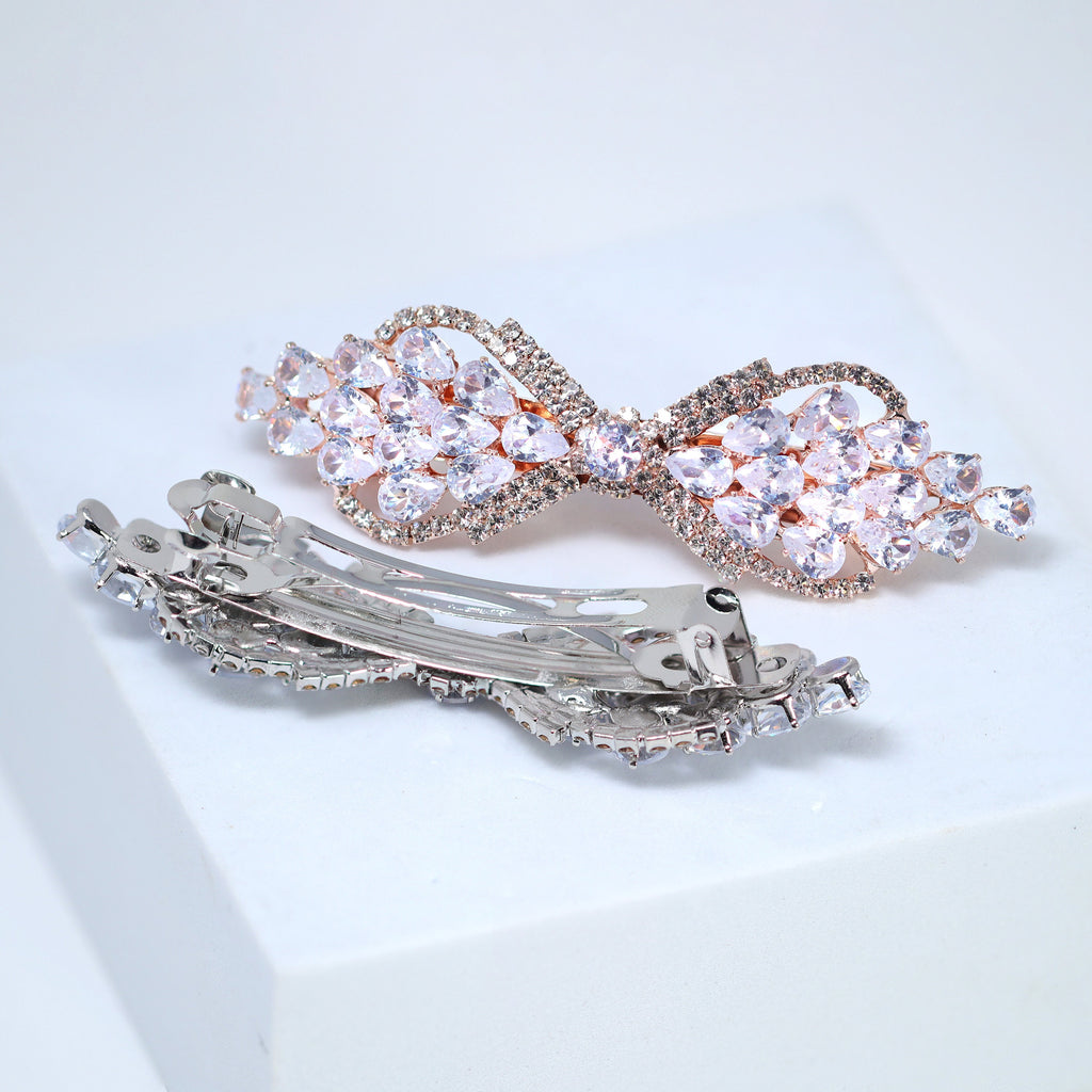 Bow Drops CZ And Rhinestone French Hair Clip, Bridal Hair Accessories, Bridesmaid Gift, Wedding Hair Accessory, Bridal Hair Clip