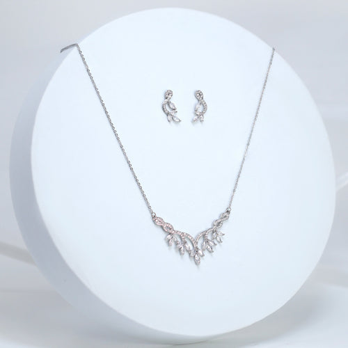 Dainty Dancing Leaves Drop V Necklace Set, Long Bridal Jewelry, Bridal Earrings And Necklace, Statement Earrings Cz Necklace Set.