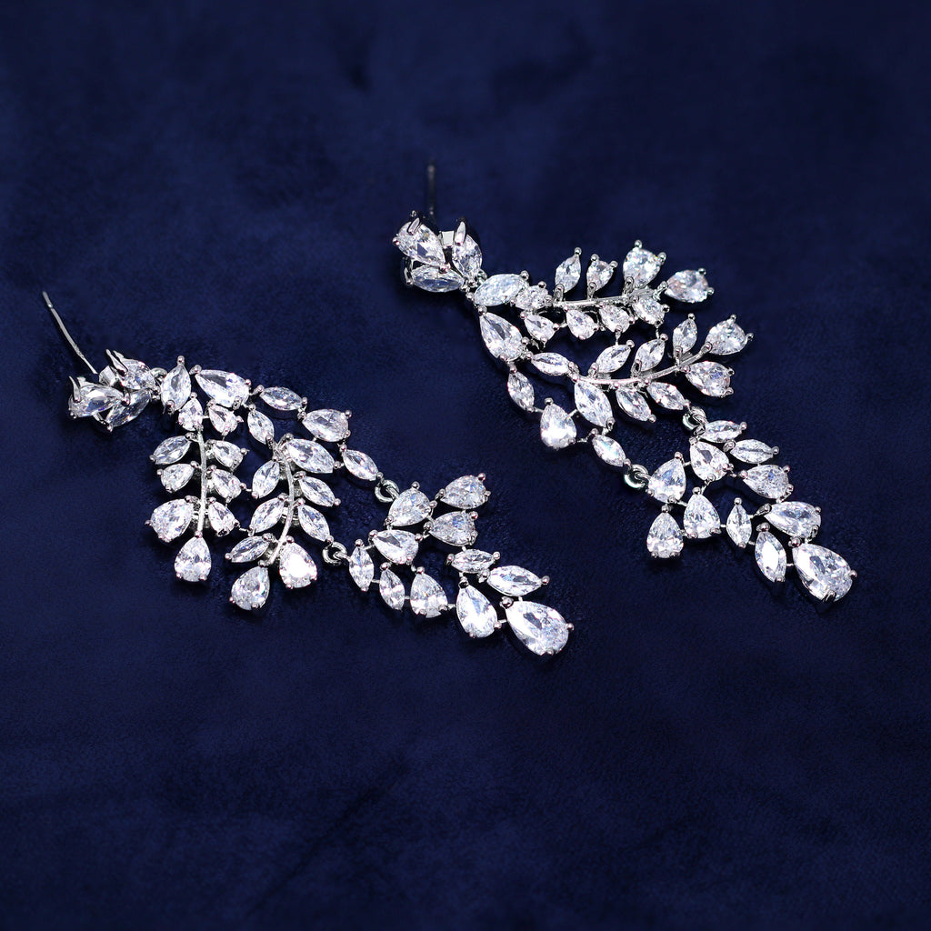 Diamond/ Swarovski Crystal Bunch Of Fallen Leaves asymmetrical Necklace Set , Long Bridal Jewelry, Crystal Earrings, Statement Earrings