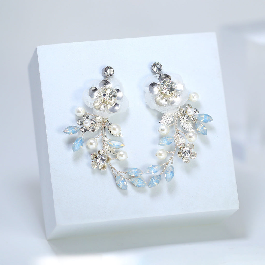Something Blue Opal Floral Necklace set , Long Bridal Jewelry Crystal Flower Necklace Bridal Earrings Statement Earrings
