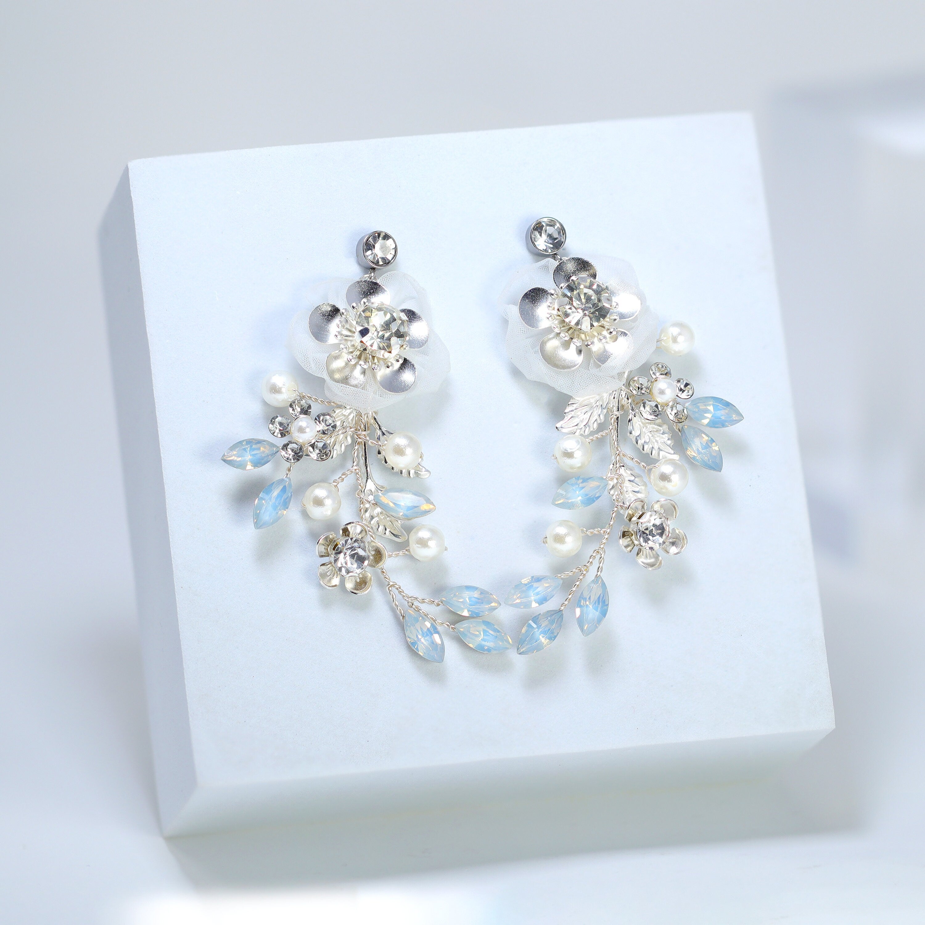 Something Blue Opal Floral Necklace set , Long Bridal Jewelry Crystal Flower Necklace Bridal Earrings Statement Earrings
