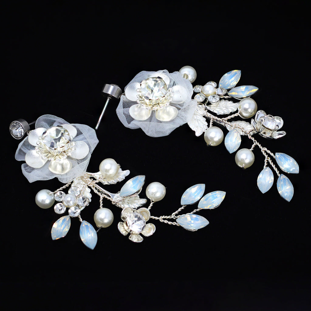 Something Blue Opal Floral Necklace set , Long Bridal Jewelry Crystal Flower Necklace Bridal Earrings Statement Earrings