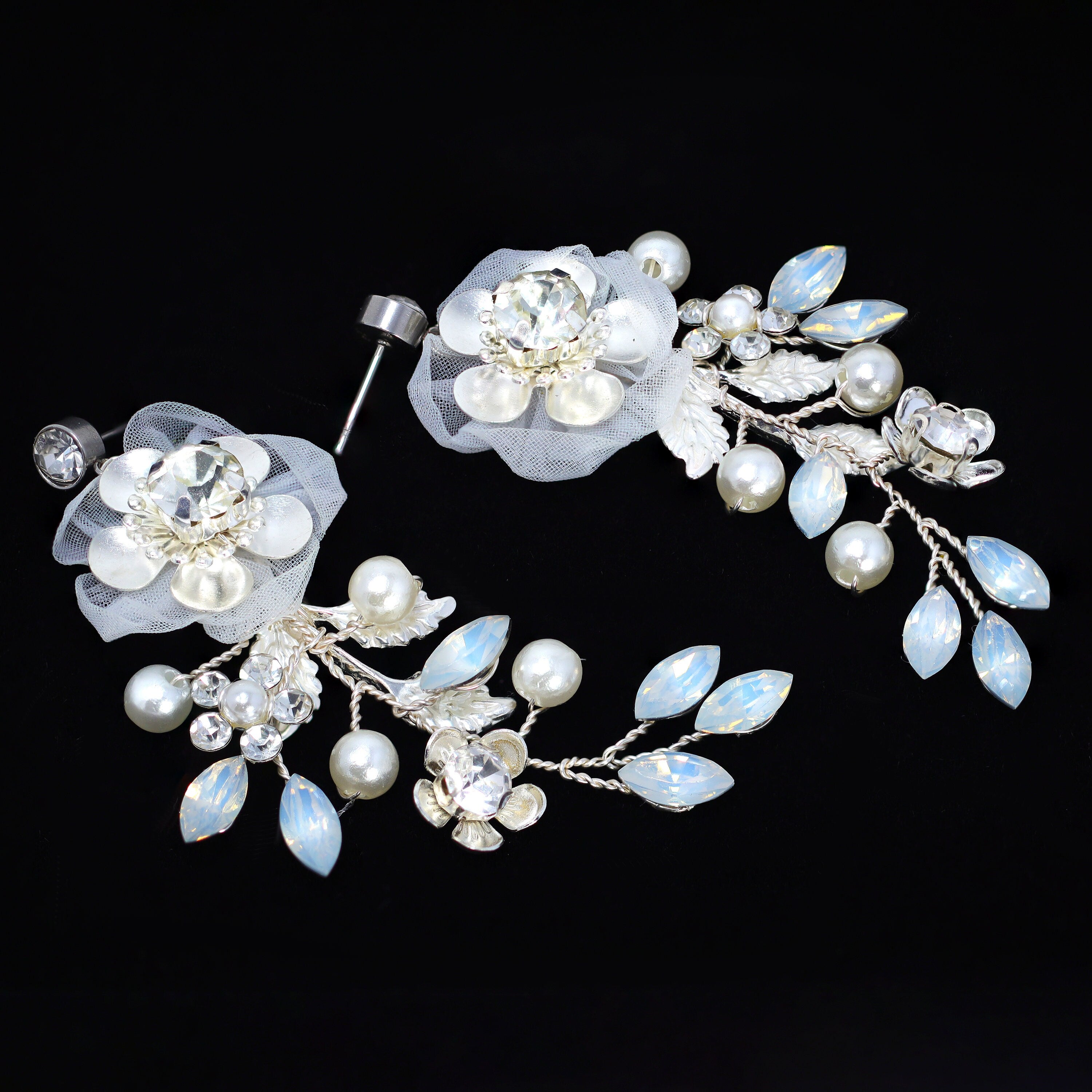 Something Blue Opal Floral Necklace set , Long Bridal Jewelry Crystal Flower Necklace Bridal Earrings Statement Earrings