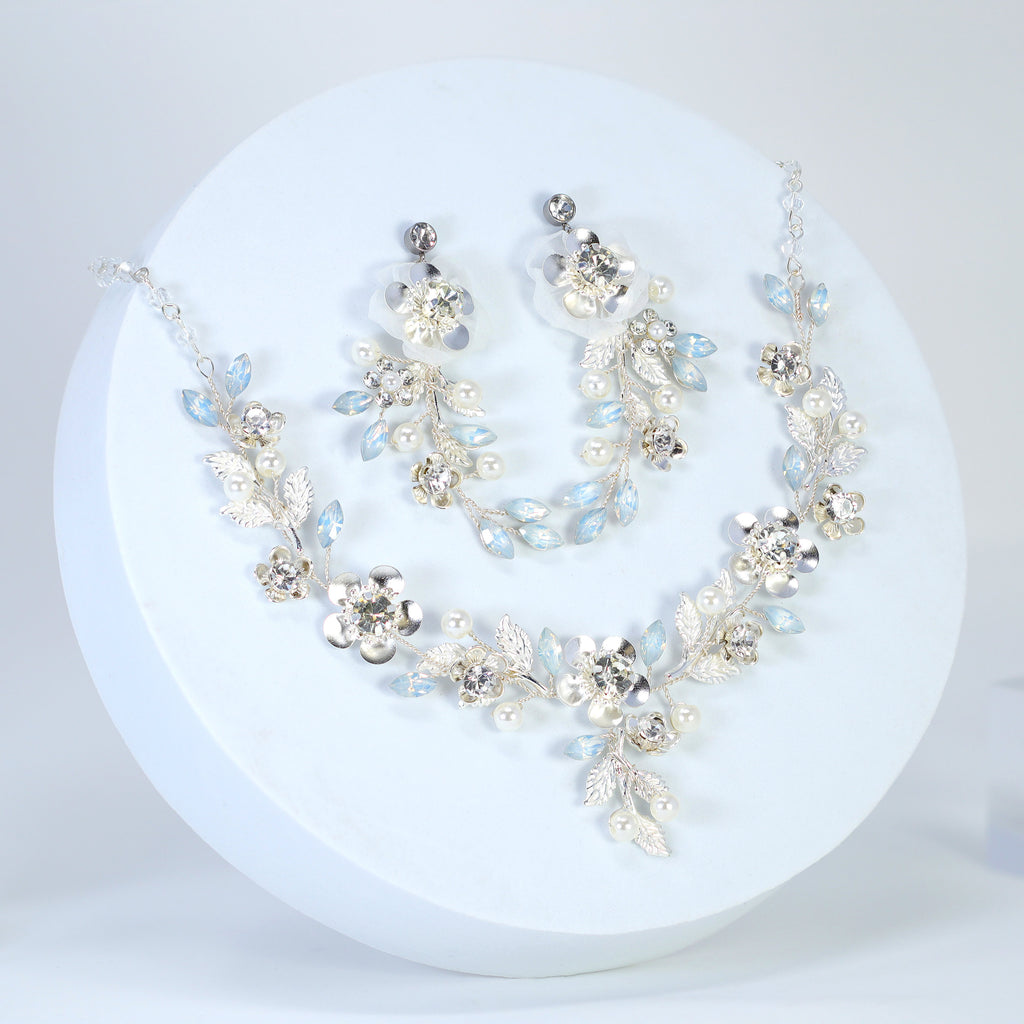 Something Blue Opal Floral Necklace set , Long Bridal Jewelry Crystal Flower Necklace Bridal Earrings Statement Earrings