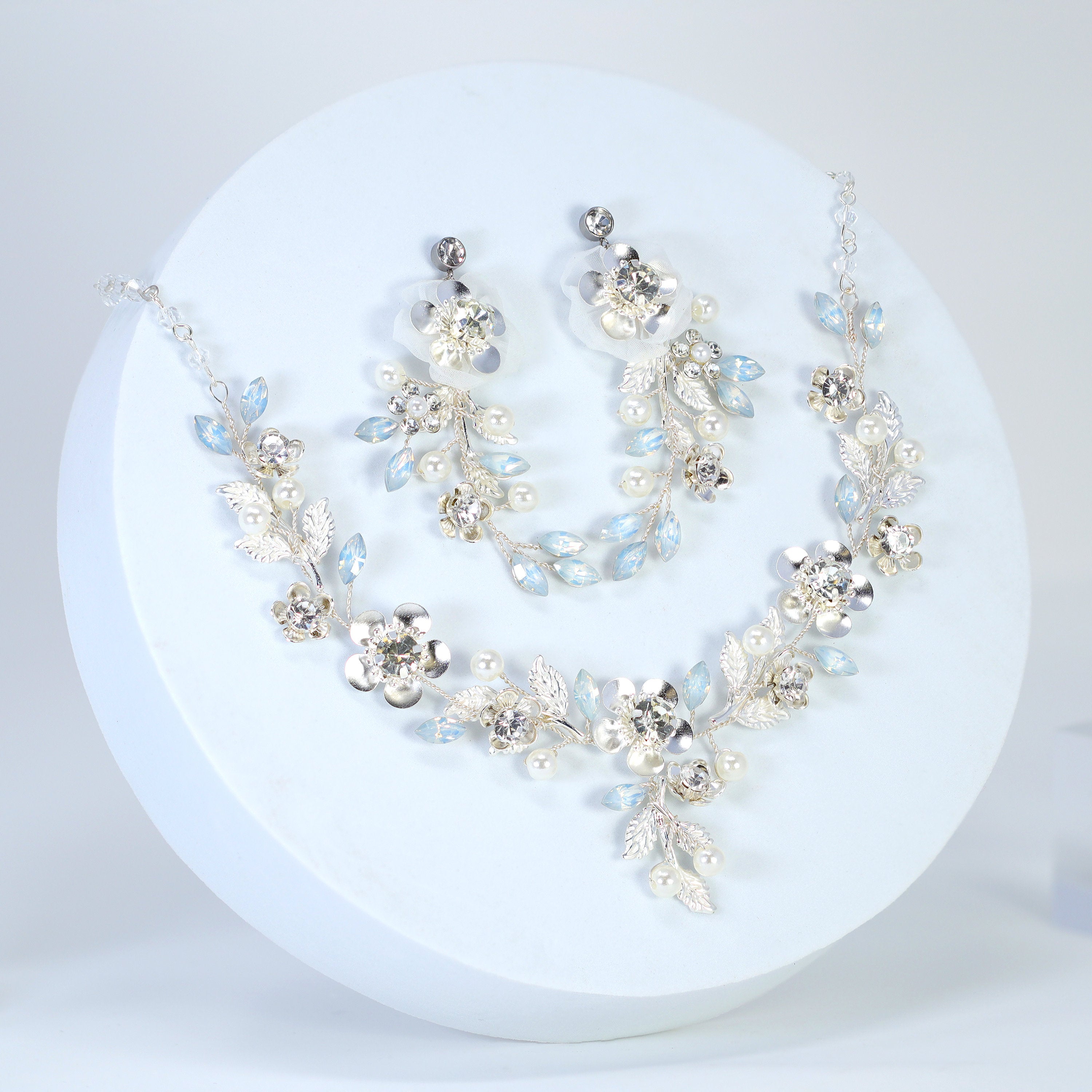 Something Blue Opal Floral Necklace set , Long Bridal Jewelry Crystal Flower Necklace Bridal Earrings Statement Earrings