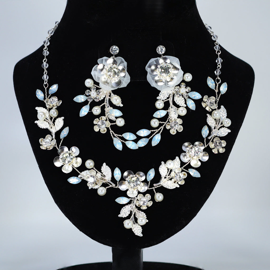 Something Blue Opal Floral Necklace set , Long Bridal Jewelry Crystal Flower Necklace Bridal Earrings Statement Earrings