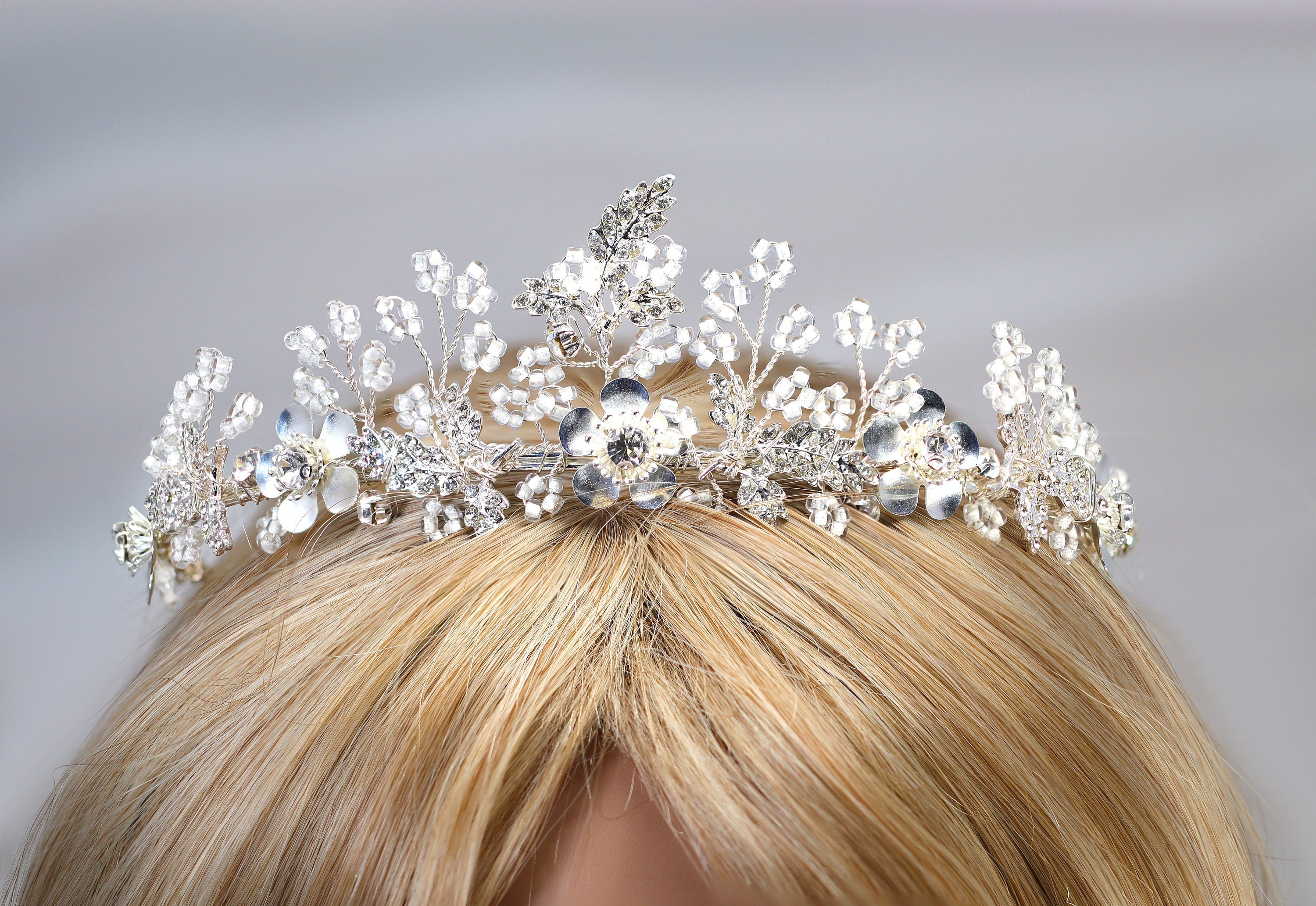 Swarovski Crystal Silver Floral Garden Of Heaven Tiara , Long Bridal Jewelry Crystal Flower Tiara Bridal Earrings Statement Earrings