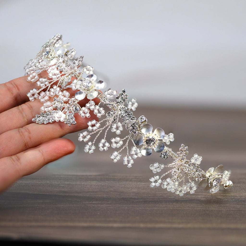 Swarovski Crystal Silver Floral Garden Of Heaven Tiara , Long Bridal Jewelry Crystal Flower Tiara Bridal Earrings Statement Earrings