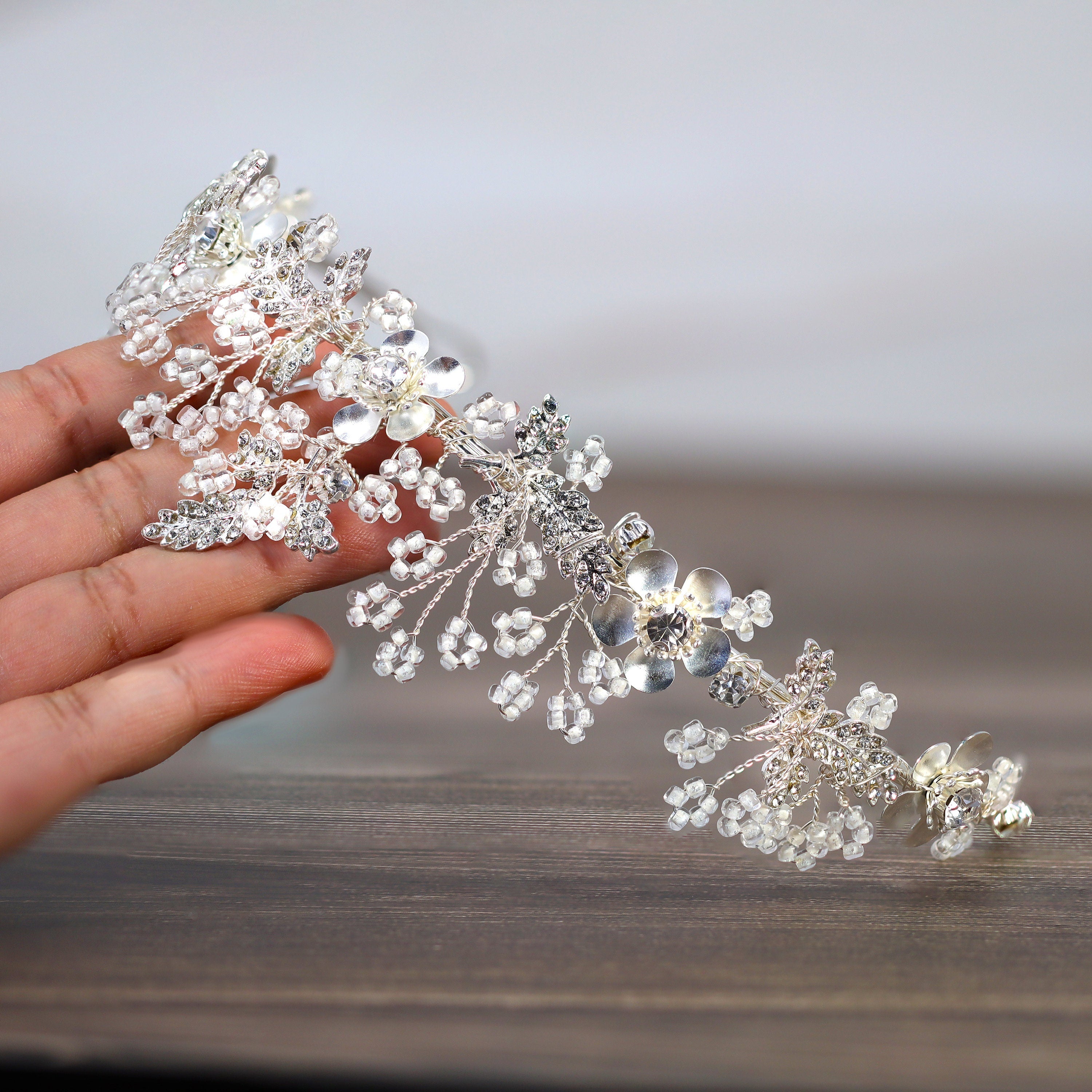 Swarovski Crystal Silver Floral Garden Of Heaven Tiara , Long Bridal Jewelry Crystal Flower Tiara Bridal Earrings Statement Earrings