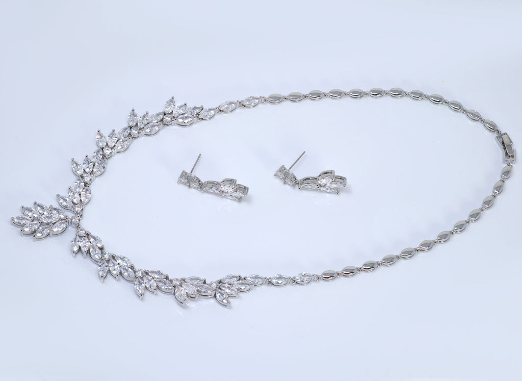 Swarovski Crystal Gleaming Leaflet Bridal Ensemble Diamond/Crystal Necklace, Bridal Necklace Set, Bridal Jewelry, Statement Necklace