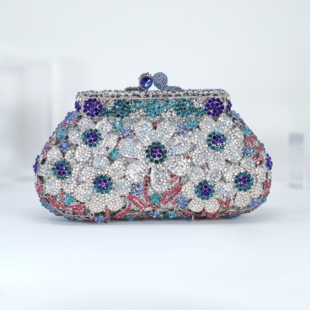 Silver Blue in Blues Floral Leaves Rhinestone Embellished Small Wedding Clutch, Statement Bag, Evening Wedding Clutch, Cross Body Bag