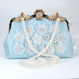 White Floral Shimmering Gold Embroidered Fabric Something Blue Bridal Wedding Bag, Rhinestone Statement Bag, Evening Clutch, Cross Body Bag