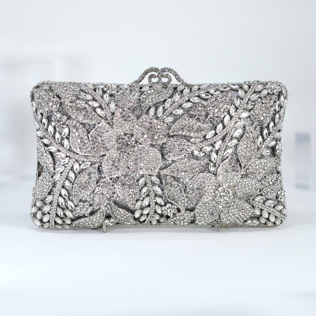 Shinny Silver Rhinestone Embellished Floral Garden Wedding Clutch, Statement Bag, Evening Wedding Clutch, Cross Body Bag