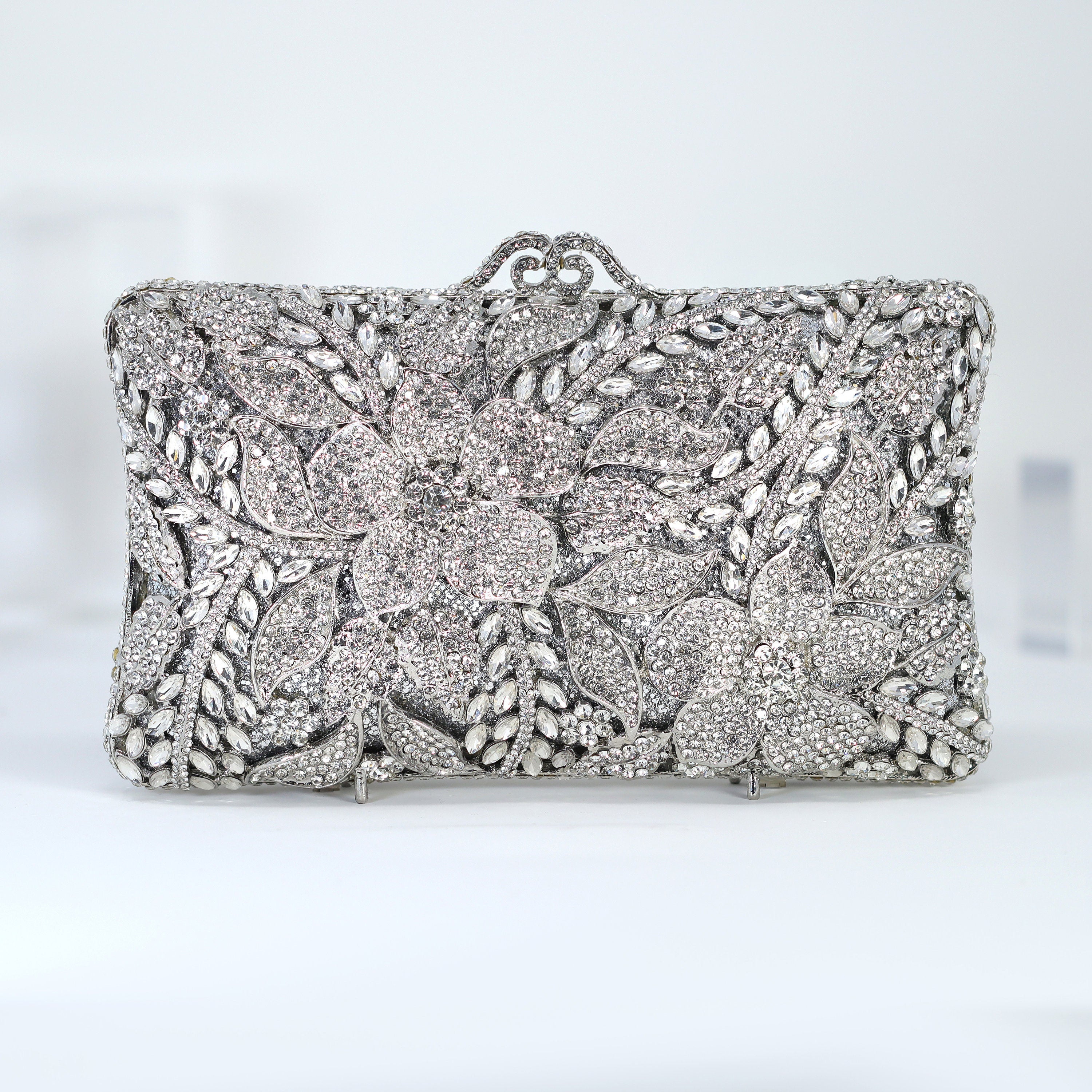 Shinny Silver Rhinestone Embellished Floral Garden Wedding Clutch, Statement Bag, Evening Wedding Clutch, Cross Body Bag