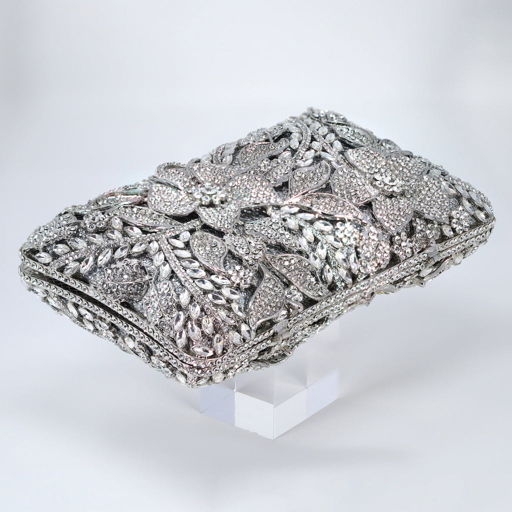 Shinny Silver Rhinestone Embellished Floral Garden Wedding Clutch, Statement Bag, Evening Wedding Clutch, Cross Body Bag