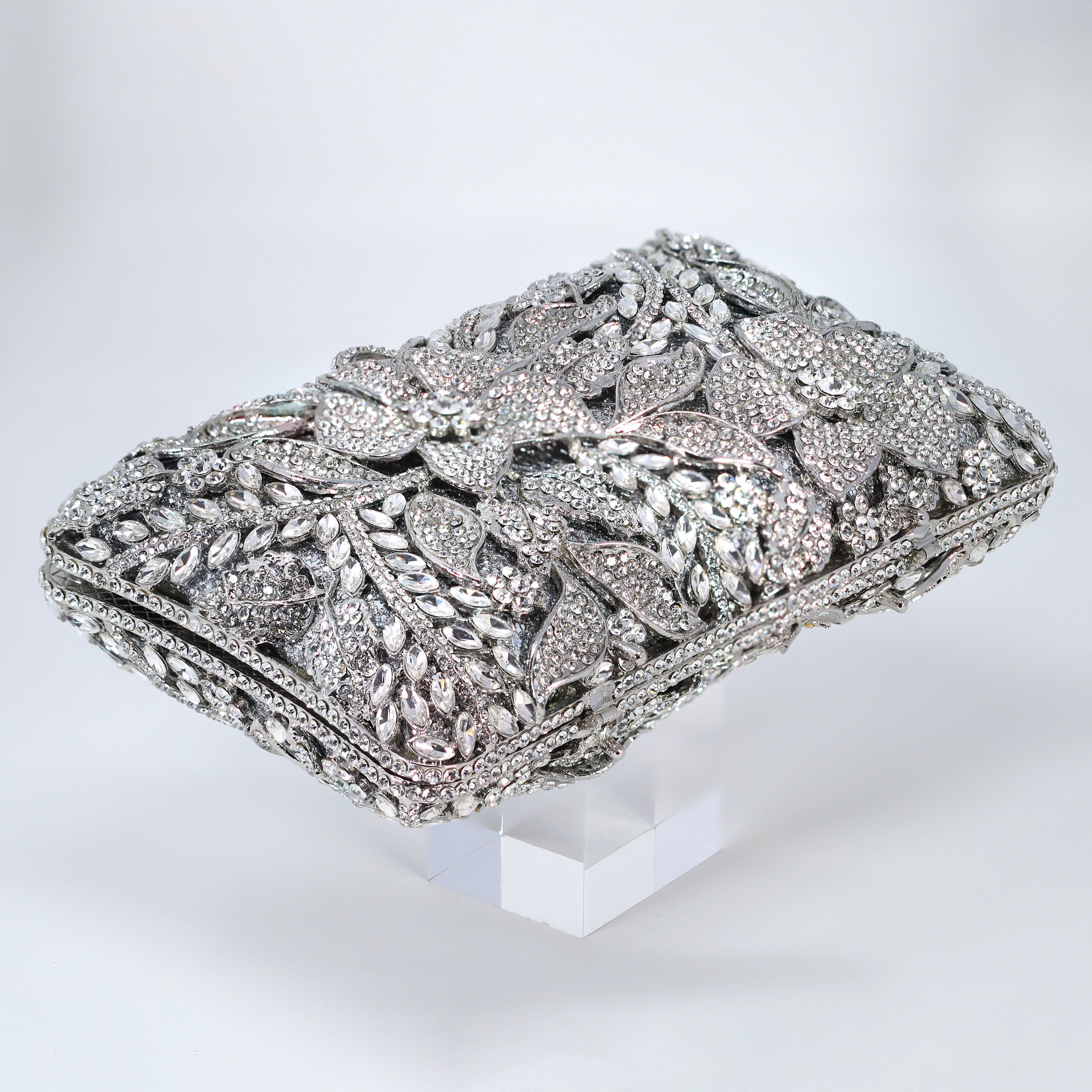 Shinny Silver Rhinestone Embellished Floral Garden Wedding Clutch, Statement Bag, Evening Wedding Clutch, Cross Body Bag