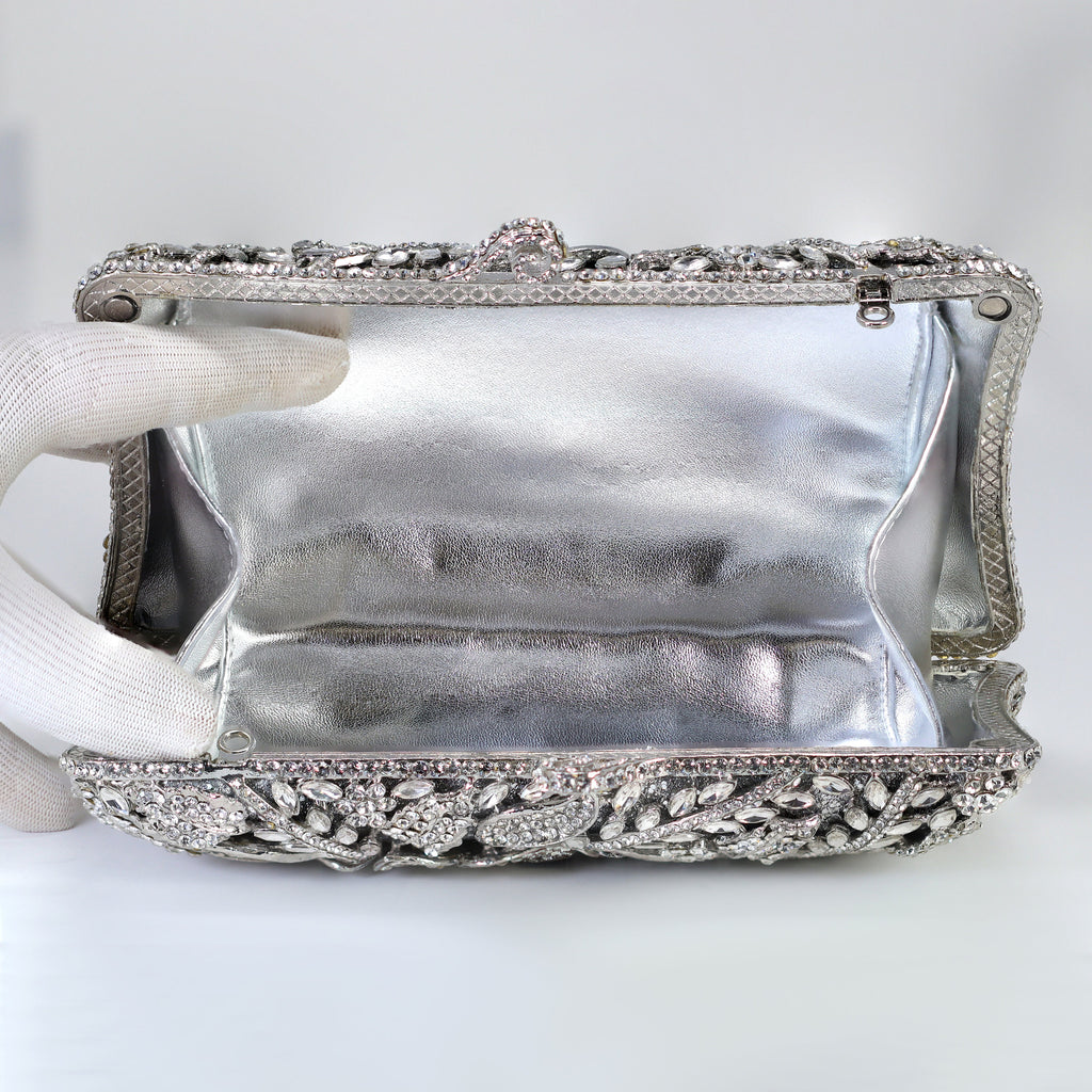 Shinny Silver Rhinestone Embellished Floral Garden Wedding Clutch, Statement Bag, Evening Wedding Clutch, Cross Body Bag
