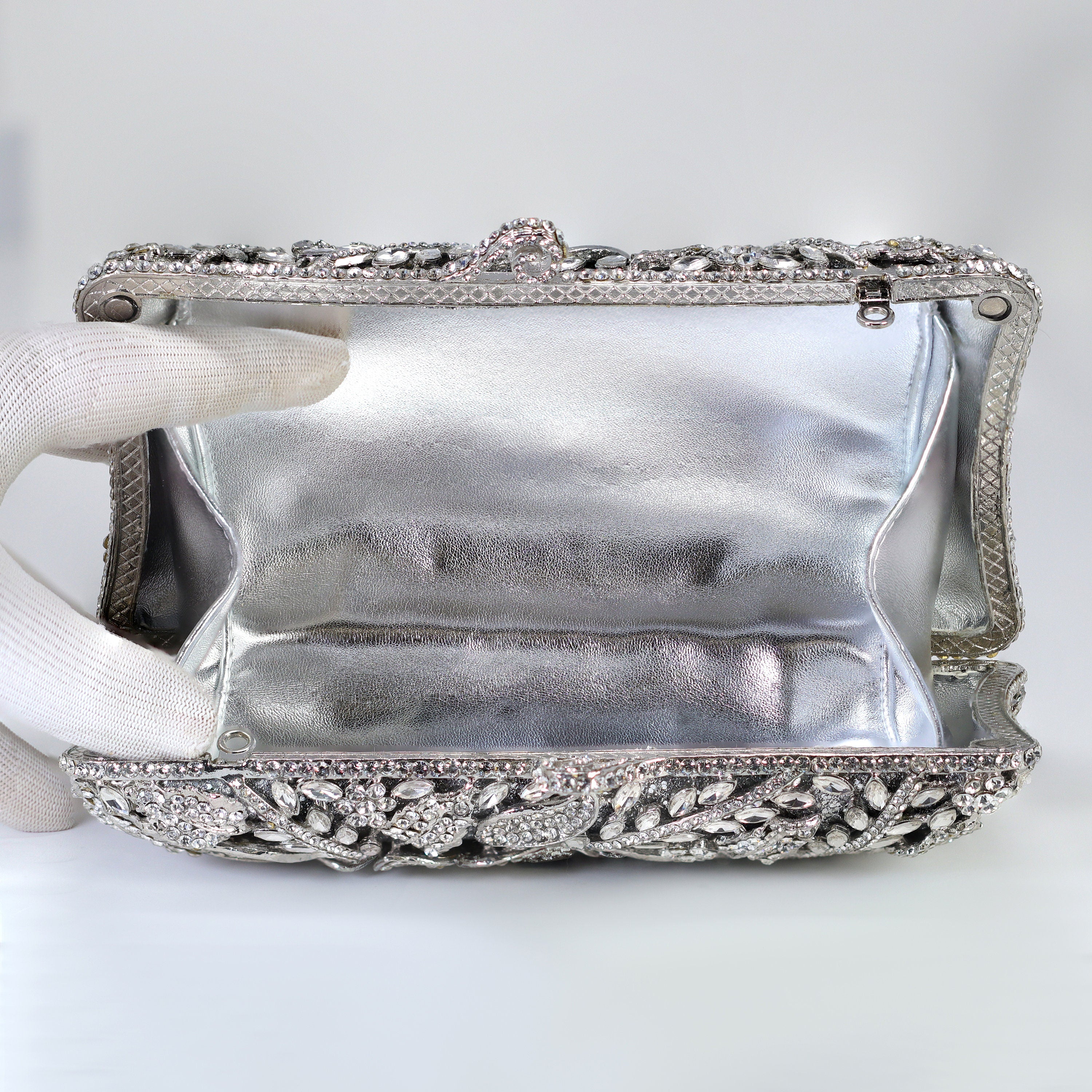 Shinny Silver Rhinestone Embellished Floral Garden Wedding Clutch, Statement Bag, Evening Wedding Clutch, Cross Body Bag