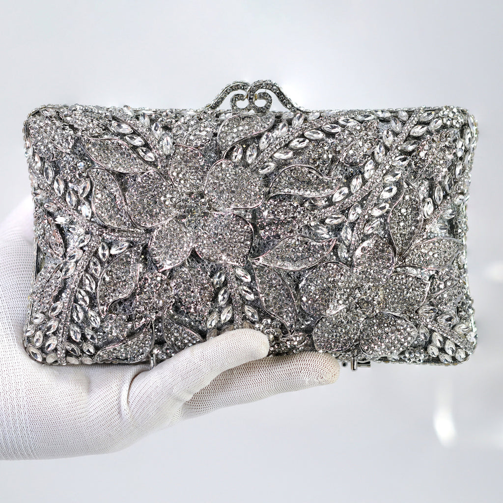 Shinny Silver Rhinestone Embellished Floral Garden Wedding Clutch, Statement Bag, Evening Wedding Clutch, Cross Body Bag