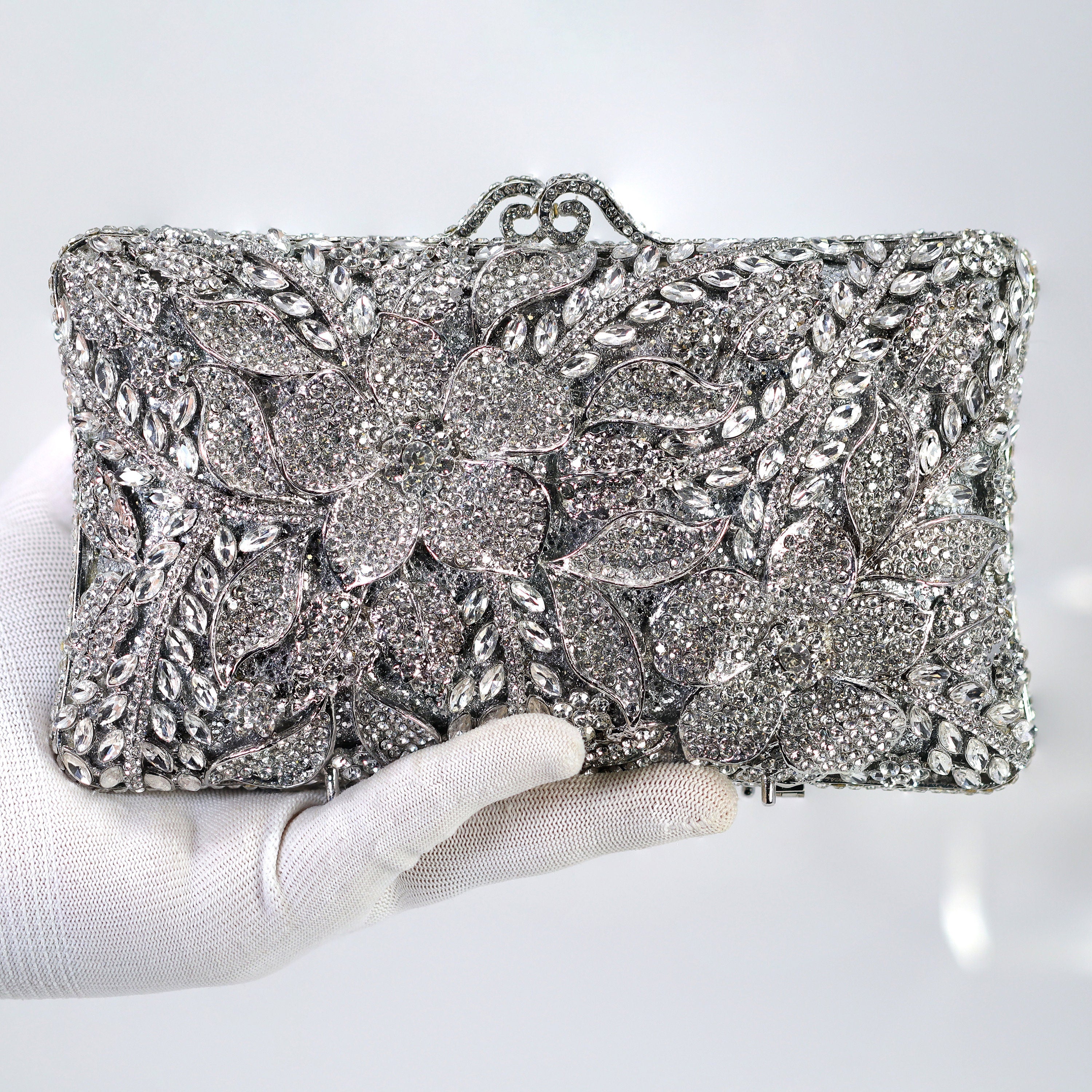 Shinny Silver Rhinestone Embellished Floral Garden Wedding Clutch, Statement Bag, Evening Wedding Clutch, Cross Body Bag