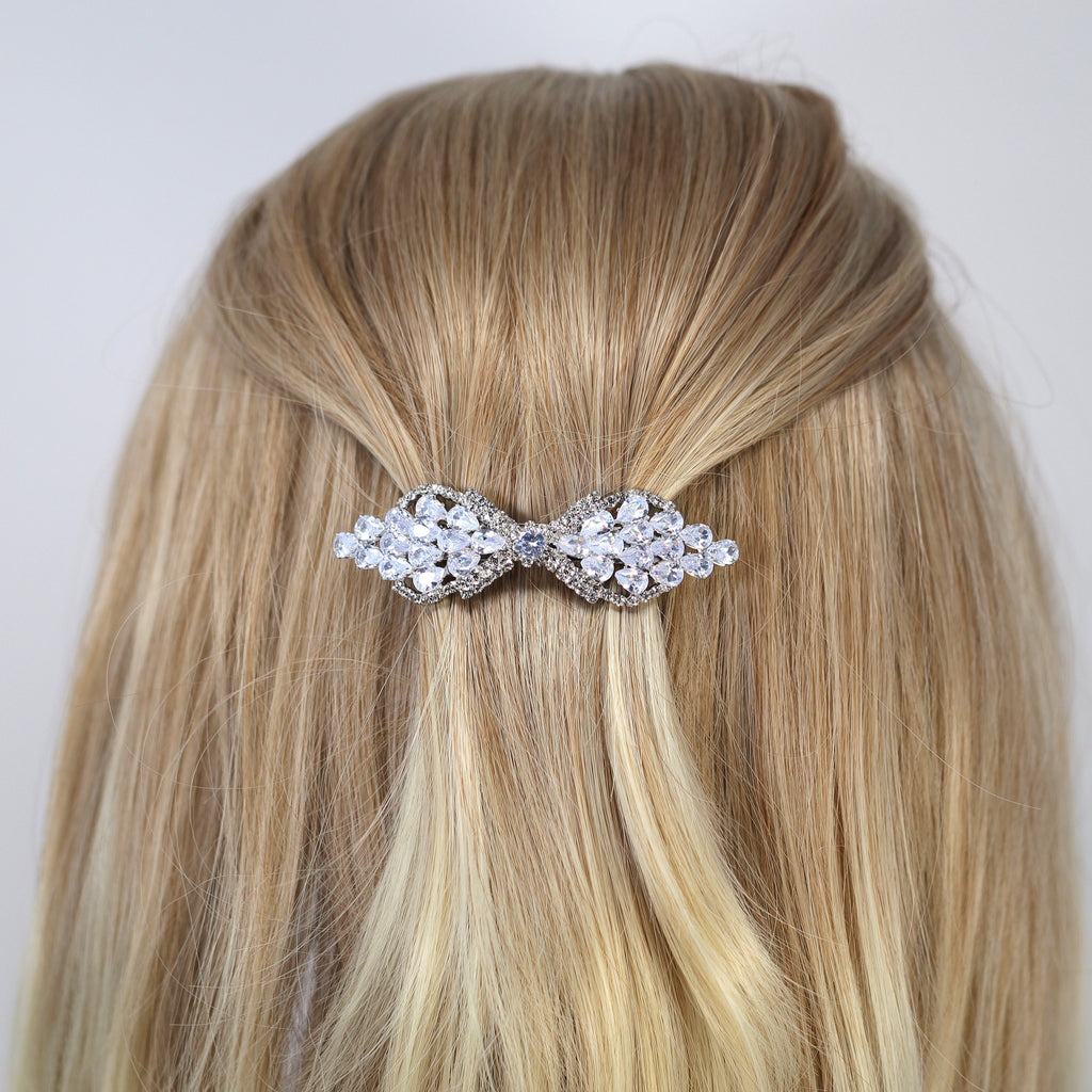 Bow Drops CZ And Rhinestone French Hair Clip, Bridal Hair Accessories, Bridesmaid Gift, Wedding Hair Accessory, Bridal Hair Clip