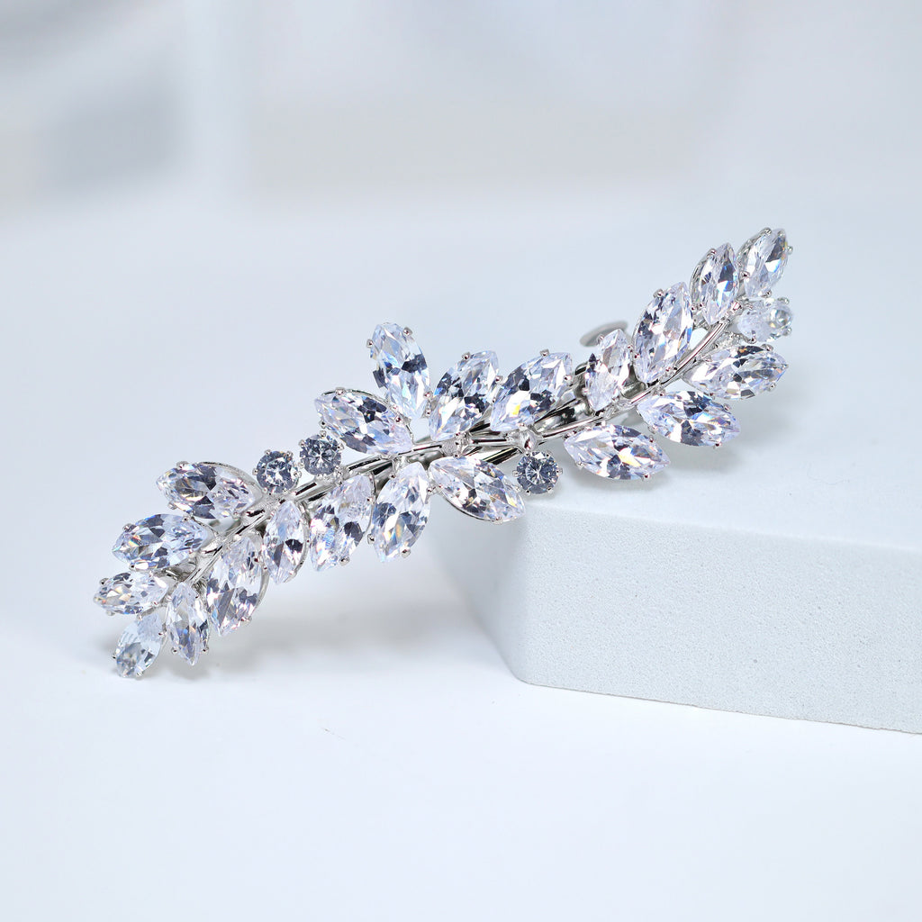 Silver Floral Leaves Wave CZ French Hair Clip, Bridal Hair Accessories, Bridesmaid Gift, Wedding Hair Accessory, Bridal Peach Hair Clip