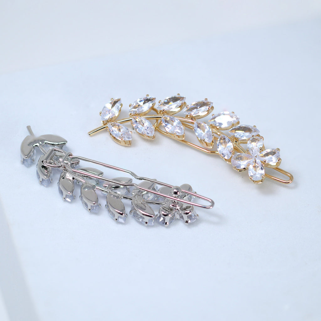 Dainty Flower On Leaves Vine CZ Hair Clip, Bridal Hair Accessories, Bridesmaid Gift, Wedding Hair Accessory, Bridal Peach Hair Clip