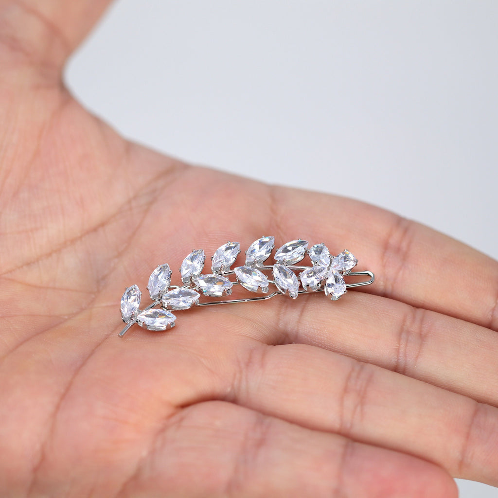 Dainty Flower On Leaves Vine CZ Hair Clip, Bridal Hair Accessories, Bridesmaid Gift, Wedding Hair Accessory, Bridal Peach Hair Clip