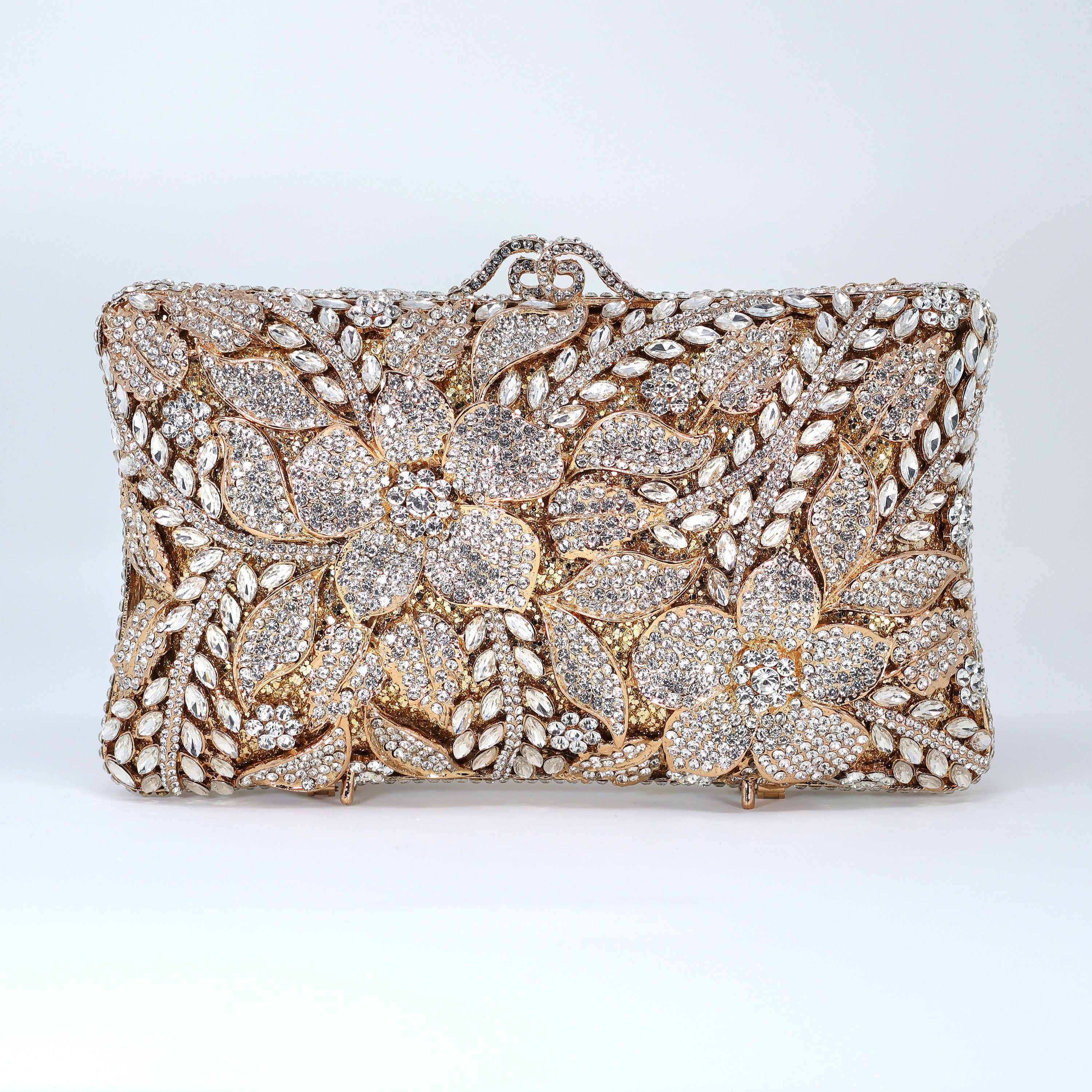 Shinny Silver Rhinestone Embellished Floral Garden Wedding Clutch, Statement Bag, Evening Wedding Clutch, Cross Body Bag