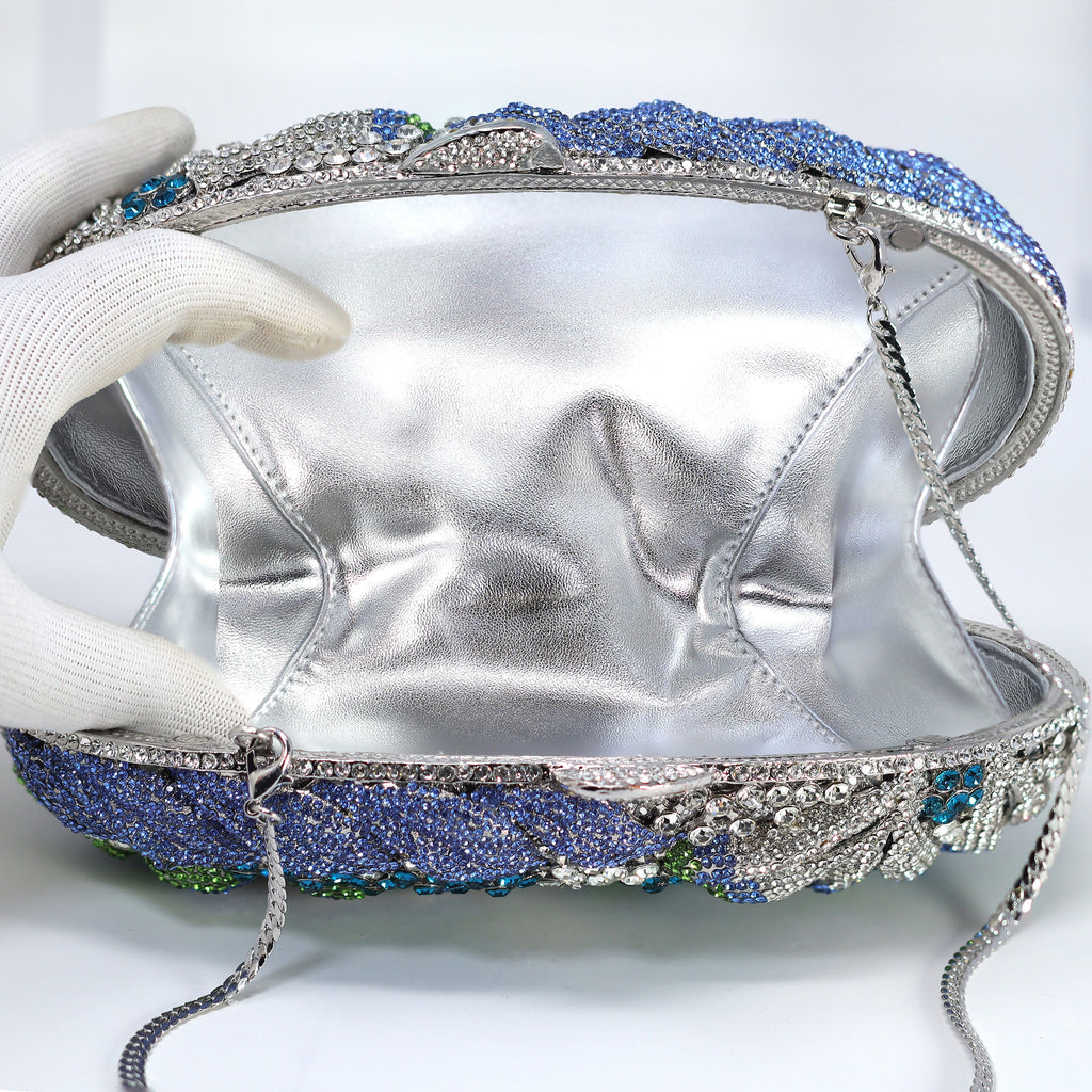 Silver Blue Lilly Of Green Heavenly Garden : Rhinestone Embellished Wedding Clutch, Statement Bag, Evening Wedding Clutch, Cross Body Bag