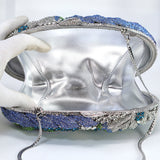 Silver Blue Lilly Of Green Heavenly Garden : Rhinestone Embellished Wedding Clutch, Statement Bag, Evening Wedding Clutch, Cross Body Bag