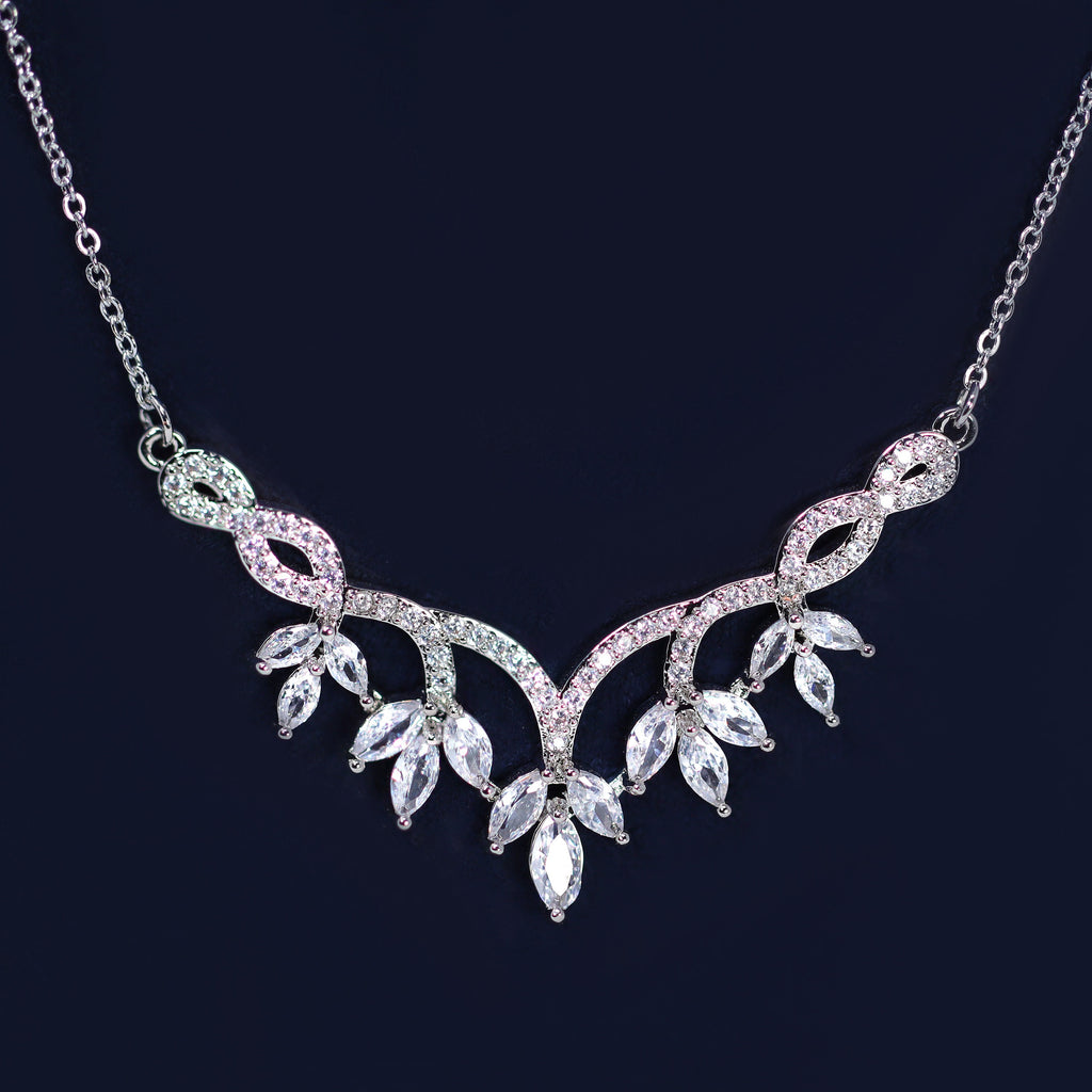 Dainty Dancing Leaves Drop V Necklace Set, Long Bridal Jewelry, Bridal Earrings And Necklace, Statement Earrings Cz Necklace Set.