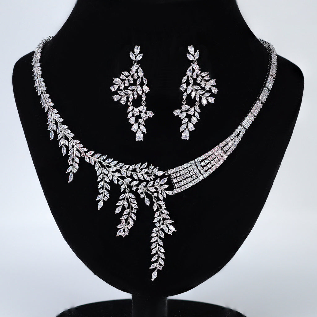 Diamond/ Swarovski Crystal Bunch Of Fallen Leaves asymmetrical Necklace Set , Long Bridal Jewelry, Crystal Earrings, Statement Earrings