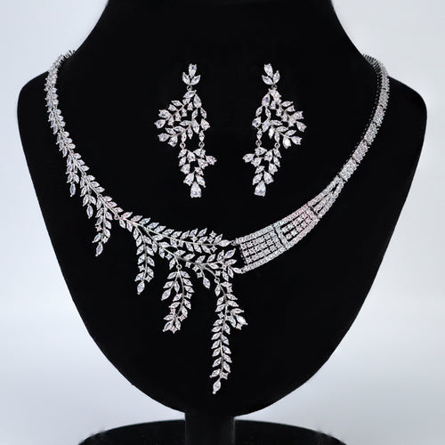 Diamond/ Swarovski Crystal Bunch Of Fallen Leaves asymmetrical Necklace Set , Long Bridal Jewelry, Crystal Earrings, Statement Earrings