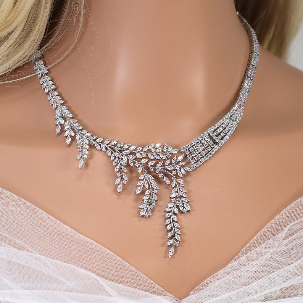 Diamond/ Swarovski Crystal Bunch Of Fallen Leaves asymmetrical Necklace Set , Long Bridal Jewelry, Crystal Earrings, Statement Earrings