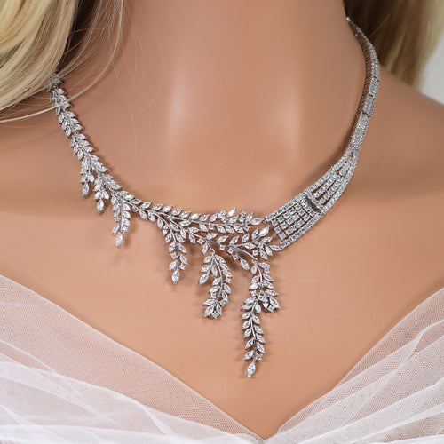 Diamond/ Swarovski Crystal Bunch Of Fallen Leaves asymmetrical Necklace Set , Long Bridal Jewelry, Crystal Earrings, Statement Earrings