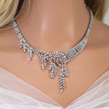 Diamond/ Swarovski Crystal Bunch Of Fallen Leaves asymmetrical Necklace Set , Long Bridal Jewelry, Crystal Earrings, Statement Earrings