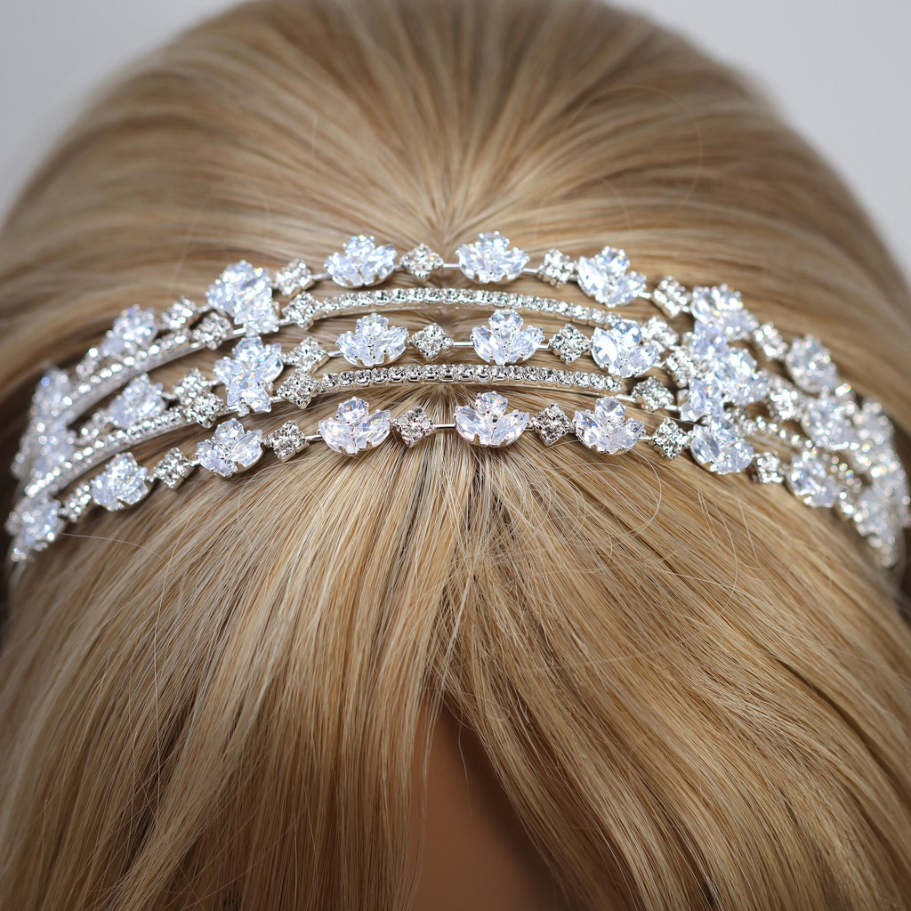 Swarovski Crystals Sparkling Flora Vine Leaves Three Layer Silver Headband, Hair Vine Headband, Bridal Hair, Rhinestone Delicate Headband.