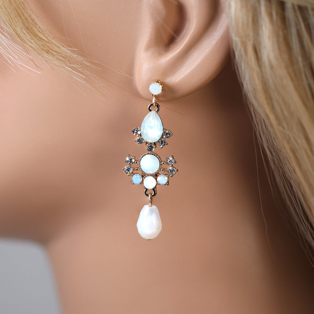 Something Blue Opal Dainty Small Chandelier White Drop Earring, Long Bridal Jewelry Crystal Bridal Earrings, Statement Earrings