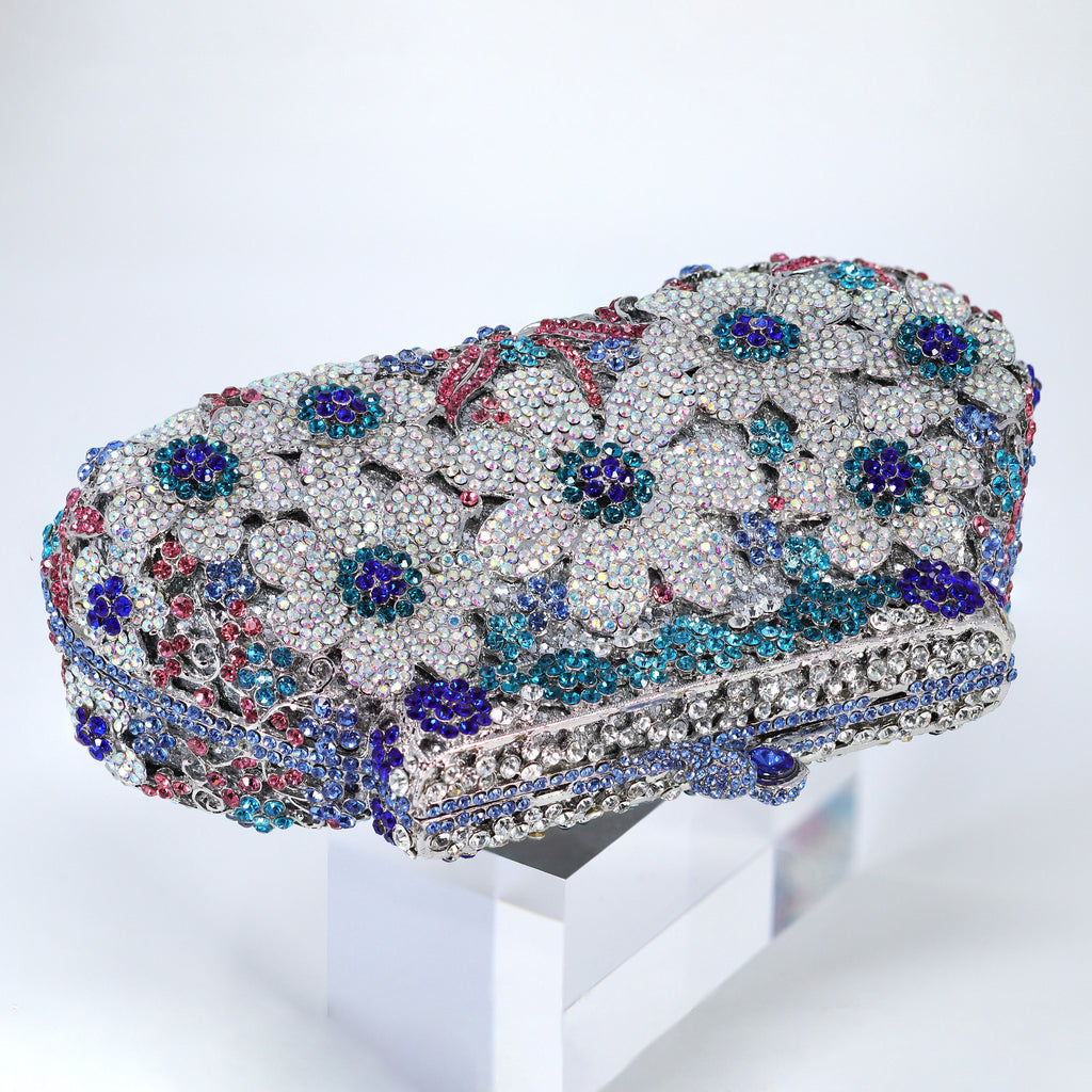 Silver Blue in Blues Floral Leaves Rhinestone Embellished Small Wedding Clutch, Statement Bag, Evening Wedding Clutch, Cross Body Bag